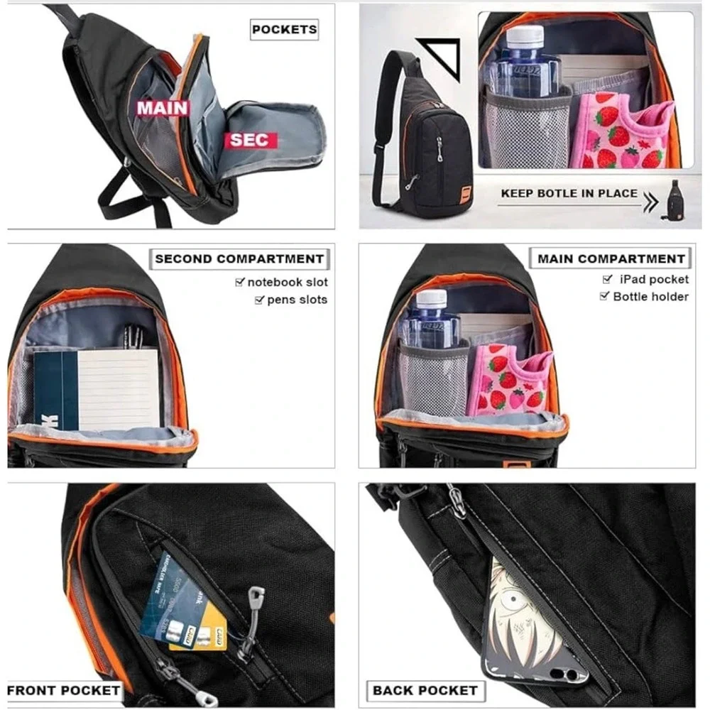 YINGLANG Black Orange Sling Bag Chest Pack Crossbody Messenger Backpack Travel‎